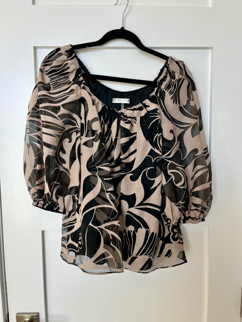 Trina Turk Black and Beige Sheer Floral Peasant Blouse